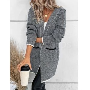 Hooded Knit Grey Open Cardigan Long Sleeves Hip Length w/ Pockets